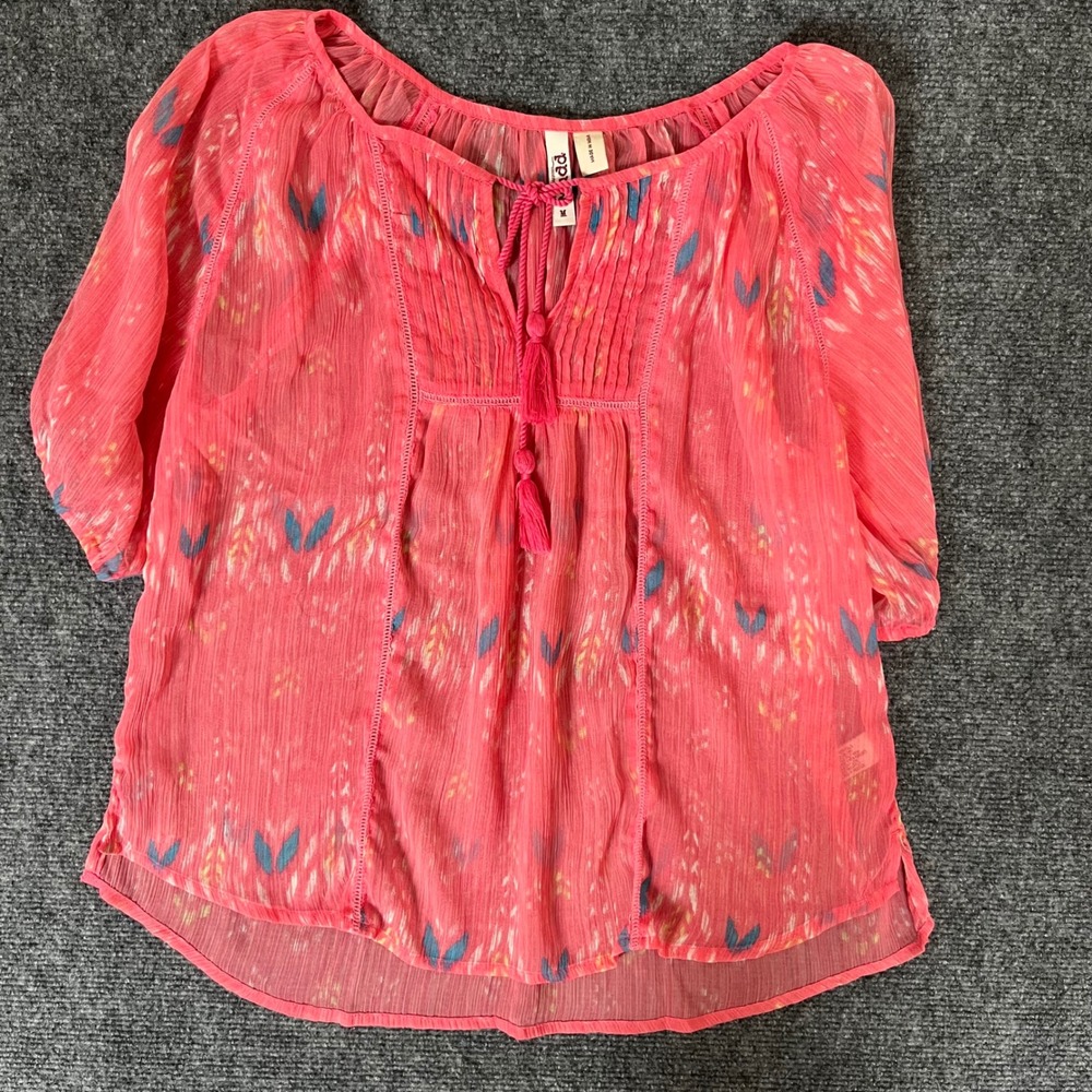 Mudd Pink Ikat Print Peasant Blouse Tassel Tie Boho Top Medium